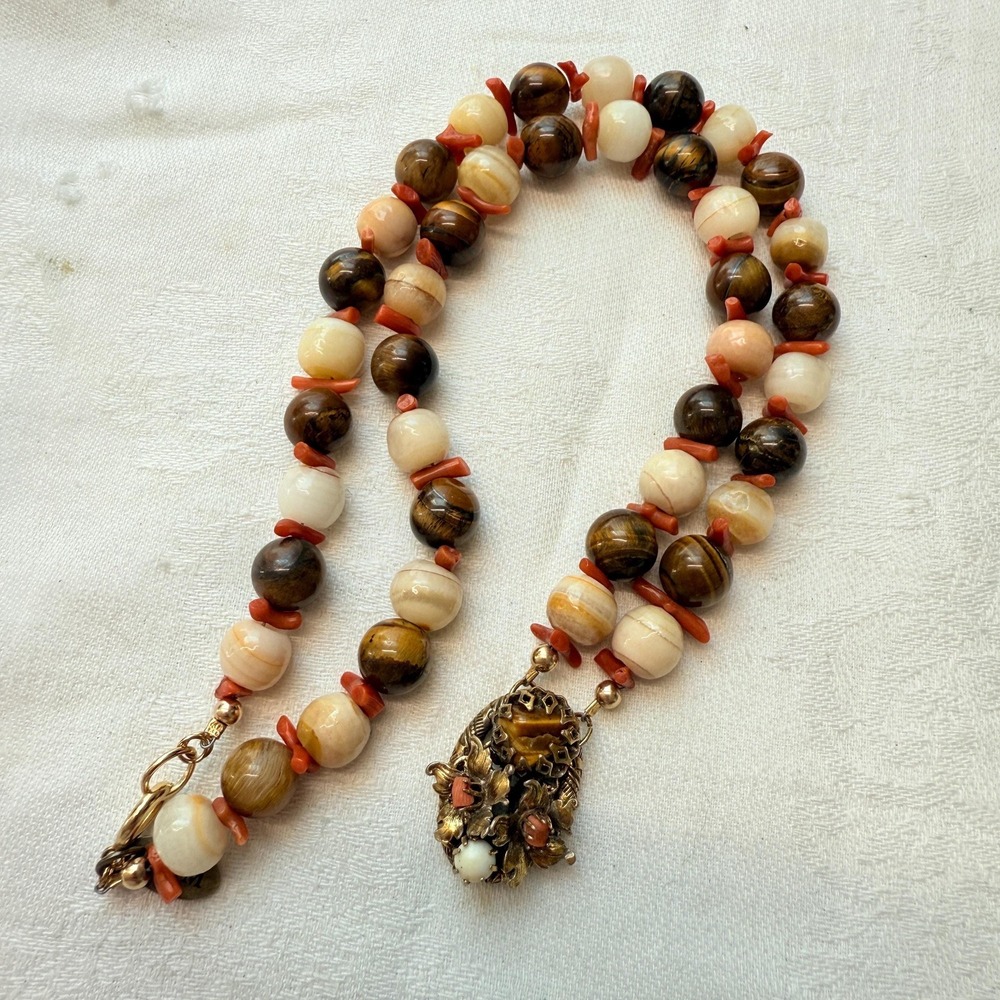 Antique Branch Coral Onyx Stone Tigers Eye Bead Necklace Handcrafted